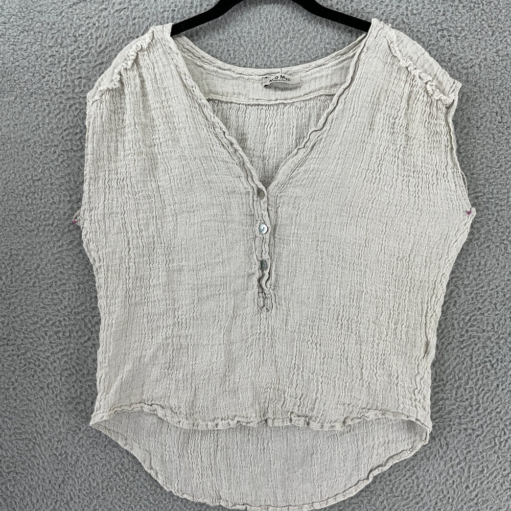 Meo Meli Henley Top Womens L Beige Excellent Linen Cotton Crinkle Made in Italy